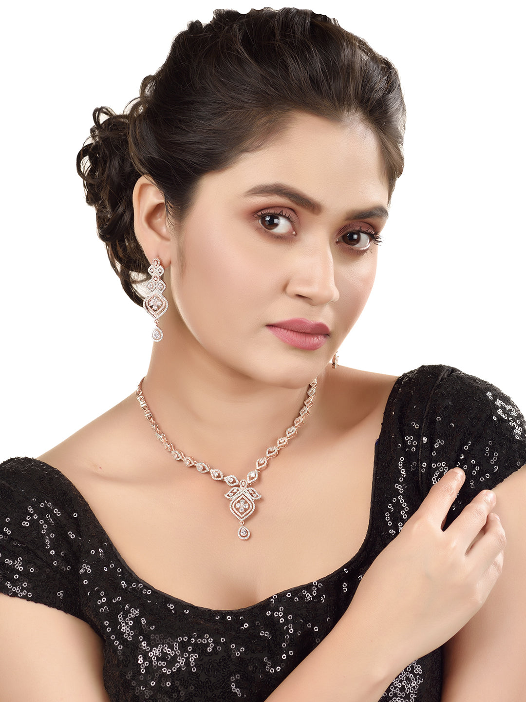 Rose Gold plated Contemporary AD studded Necklace Earrings